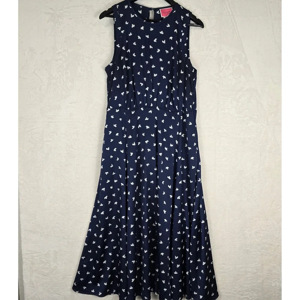 Kate Spade Paper Boats Midi Dress Navy Blue Pebbled Satin Sleeveless Size 14